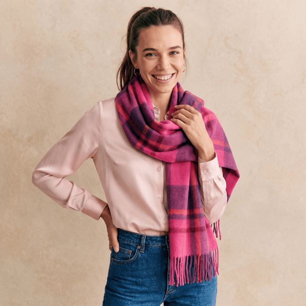 100% Lambswool Wide Scarf - Medieval Check - Cyclamen Pink and Eminence - Heritage Of Scotland -
