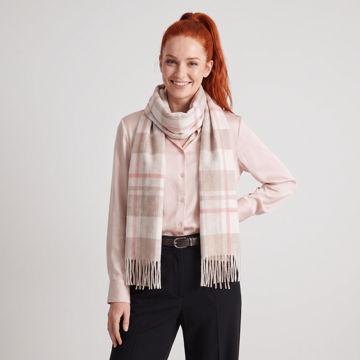 100% Lambswool Wide Scarf Medieval Check - Orient Beige and Coral - Heritage Of Scotland -