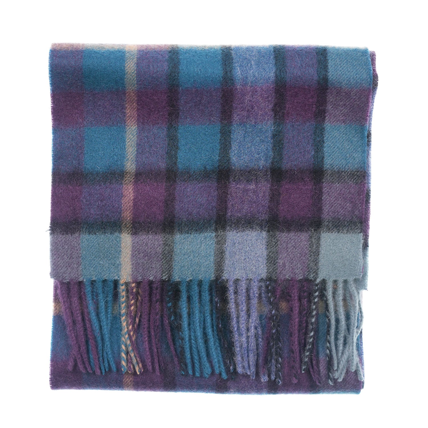 A folded plaid scarf in shades of purple, blue, and gray with fringed edges, shown on a plain white background.