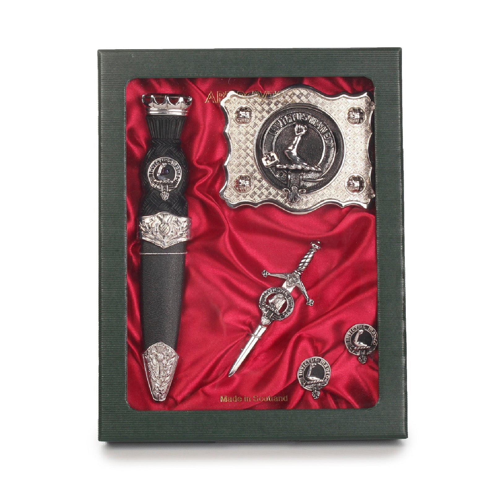 Armstrong Clan Badge, Kilt Pin, Lapel Pin, Cufflinks, Keyring/Key Fob & Gift Set — Fine Pewter by Art Pewter — Made in Scotland (Shiny Finish) - Heritage Of Scotland - Gift Set