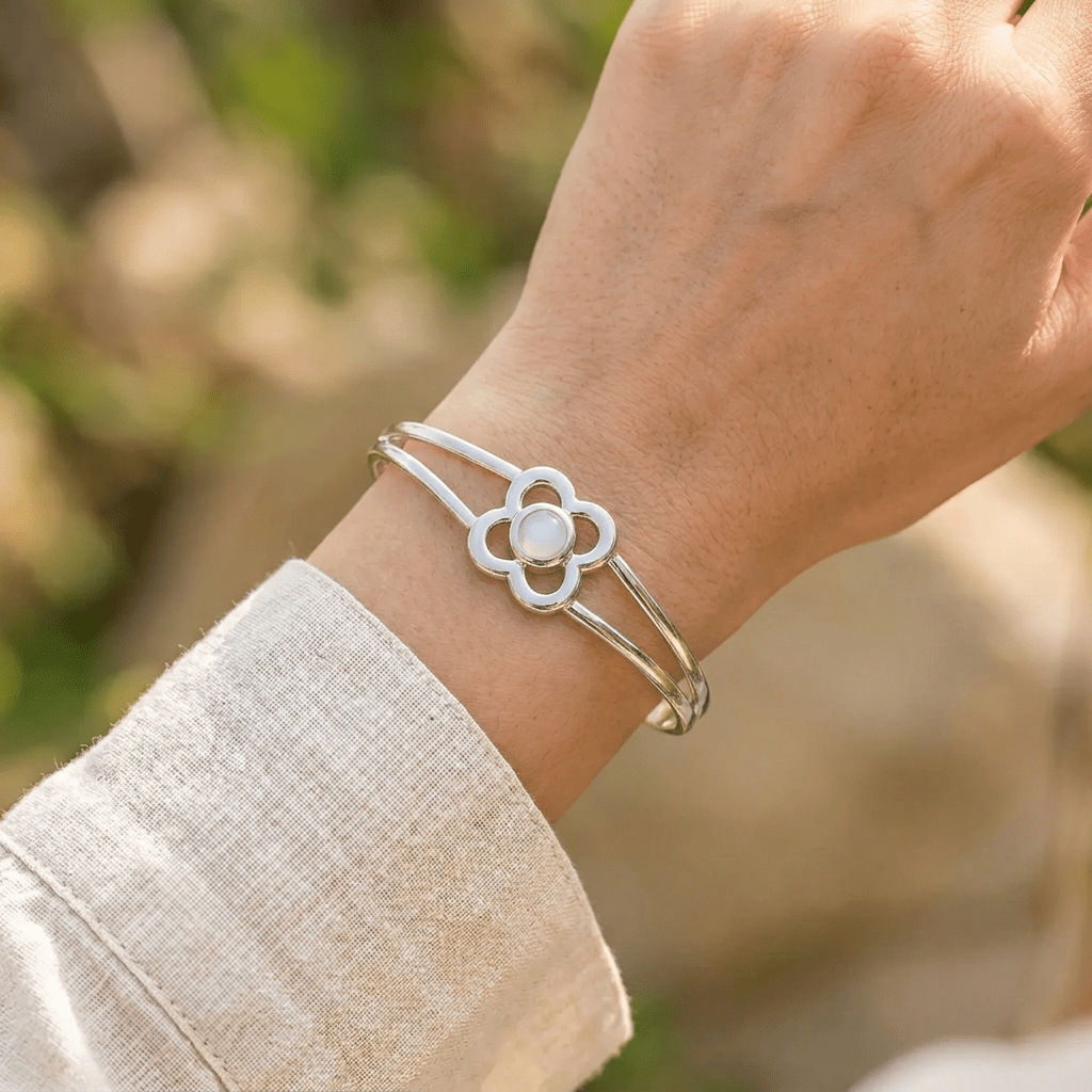 Art Pewter Birthstone Bangle - Silver Plated Pewter - Made in Scotland - October (Opal) - Heritage Of Scotland -