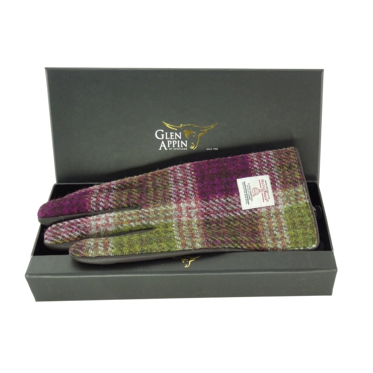 Boxed Harris Tweed and Brown Leather Ladies Gloves in Heather Check (COL125) - Heritage Of Scotland - Large