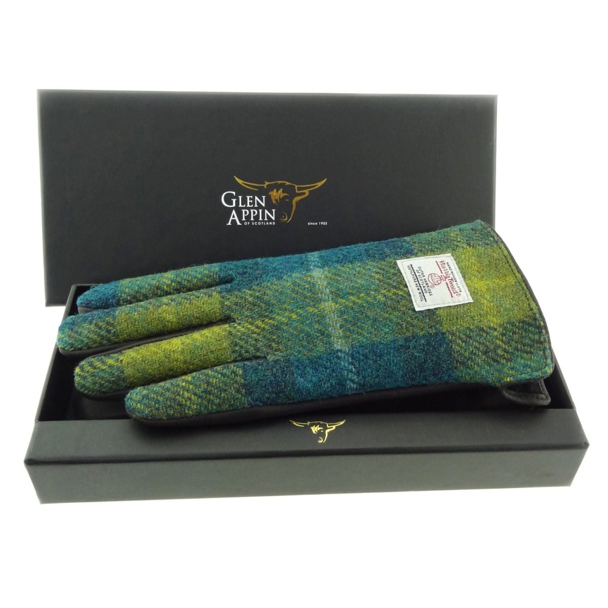 Boxed Harris Tweed and Brown Leather Ladies Gloves in Sea Blue /Green Tartan (COL114) - Heritage Of Scotland - Large