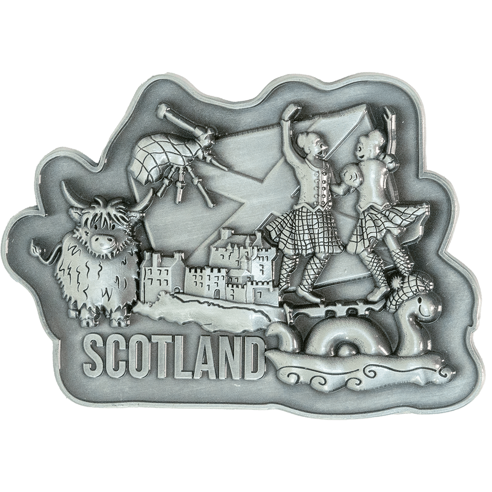 Brushed Metal Scotland Magnet – Puffin, Nessie, Coo, Collage & More - Heritage Of Scotland - Scotland Dancers Collage
