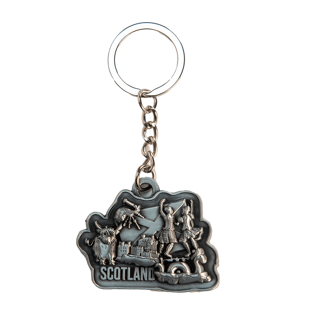 Brushed Metal Scottish Keyring – Nessie, Coo, Collage & More - Heritage Of Scotland - Scotland Dancers Collage