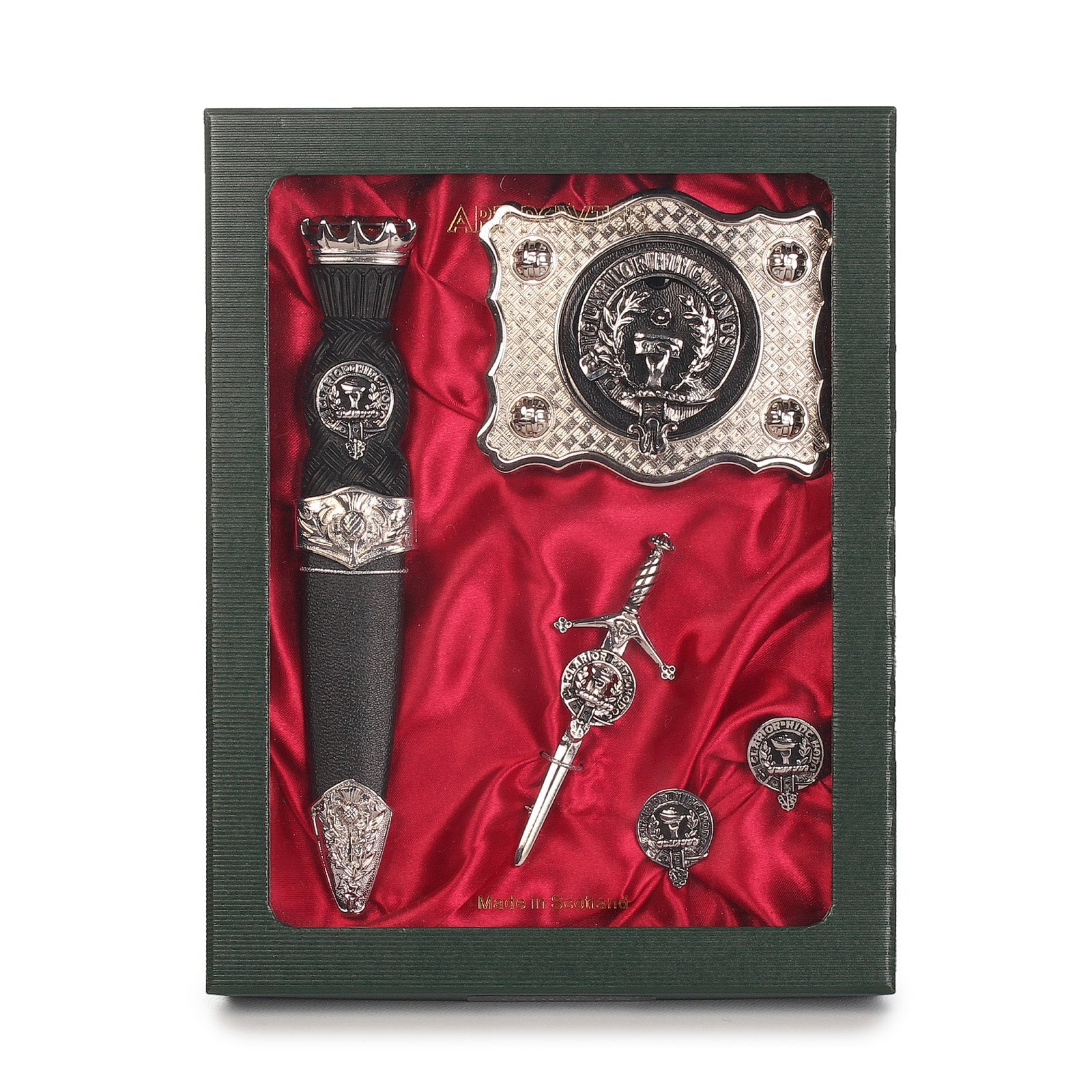 Buchanan Clan Badge, Kilt Pin, Lapel Pin, Cufflinks, Keyring/Key Fob & Gift Set — Fine Pewter by Art Pewter — Made in Scotland (Shiny Finish) - Heritage Of Scotland - Gift Set