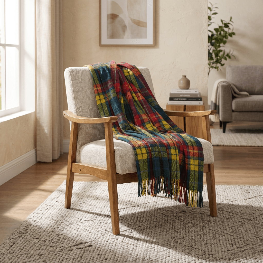 Camel Tartan Wool Blend Blanket Throw – Soft Plaid Sofa & Bed Blanket - Buchanan Modern - Heritage Of Scotland -