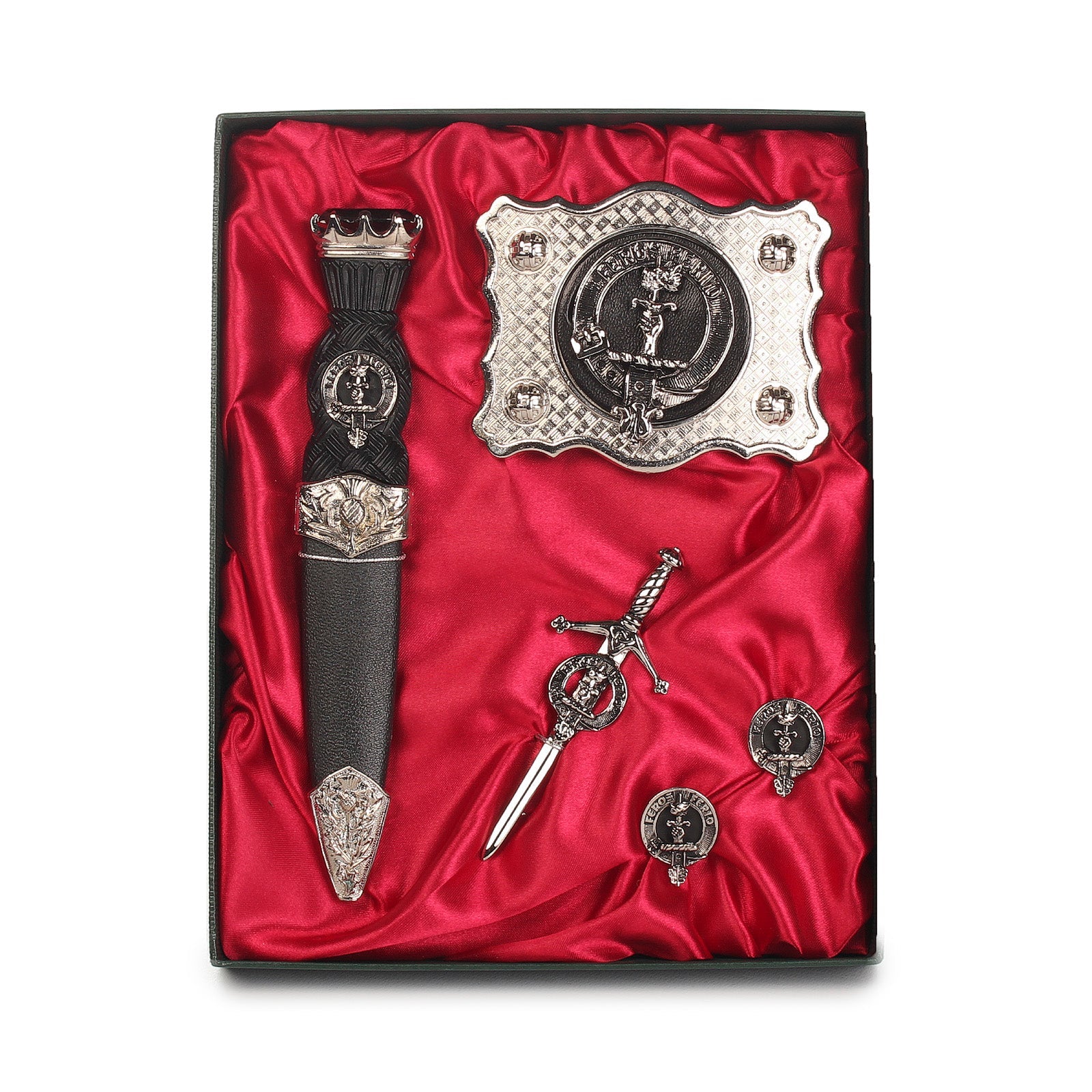 Colquhoun Clan Badge, Kilt Pin, Lapel Pin, Cufflinks, Keyring/Key Fob & Gift Set — Fine Pewter by Art Pewter — Made in Scotland (Shiny Finish) - Heritage Of Scotland - Gift Set