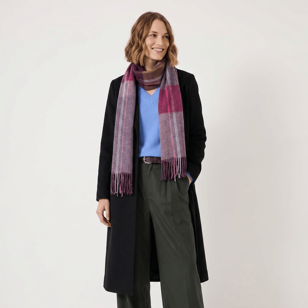 Edinburgh 100% Lambswool Scarf Barcode Check - Wineberry - Heritage Of Scotland -