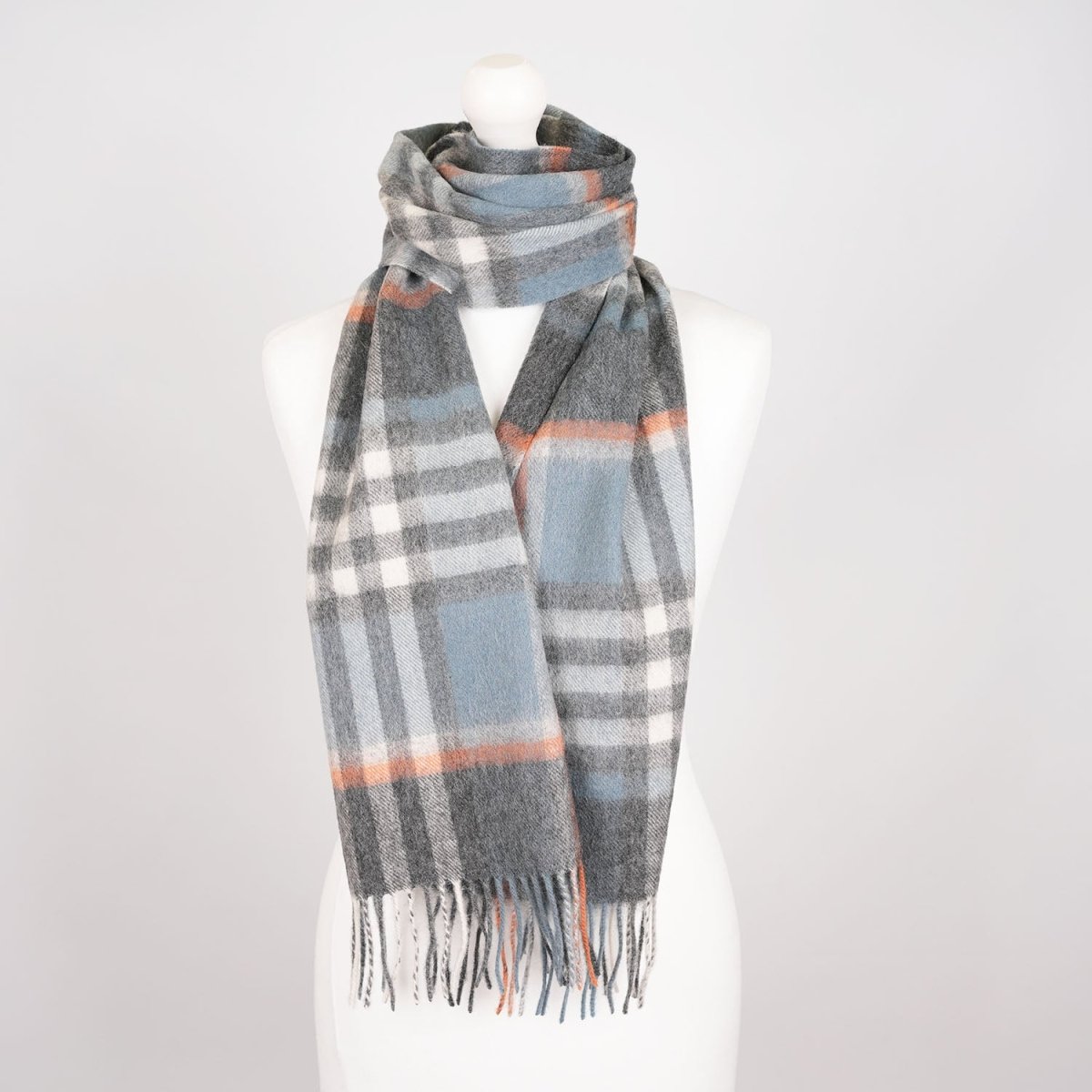 Edinburgh 100% Lambswool Scarf – Premium Soft Wool Wrap - Chequer Orange Grey Blue - Heritage Of Scotland -