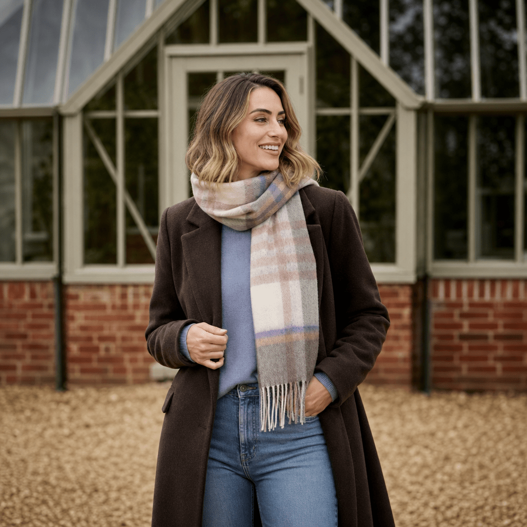 Edinburgh 100% Lambswool Scarf – Premium Soft Wool Wrap - Chequer Tartan Beige and Rose - Heritage Of Scotland -
