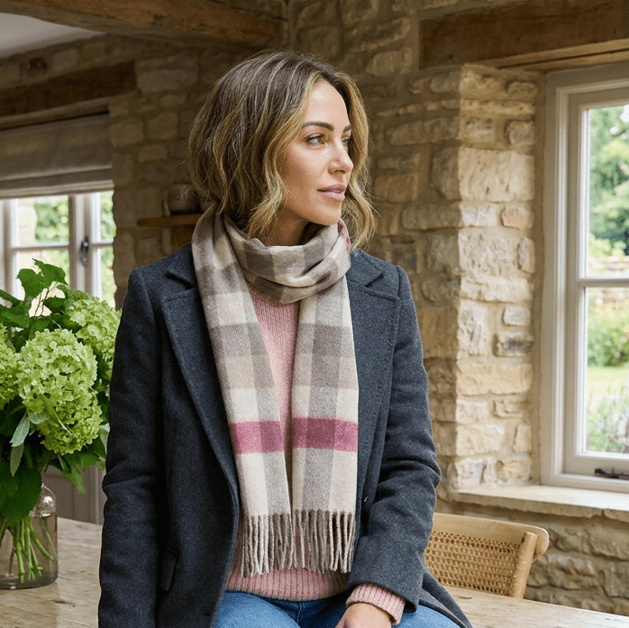 Edinburgh 100% Lambswool Scarf – Premium Soft Wool Wrap - Giant Chequer - Pink and Taupe - Heritage Of Scotland -