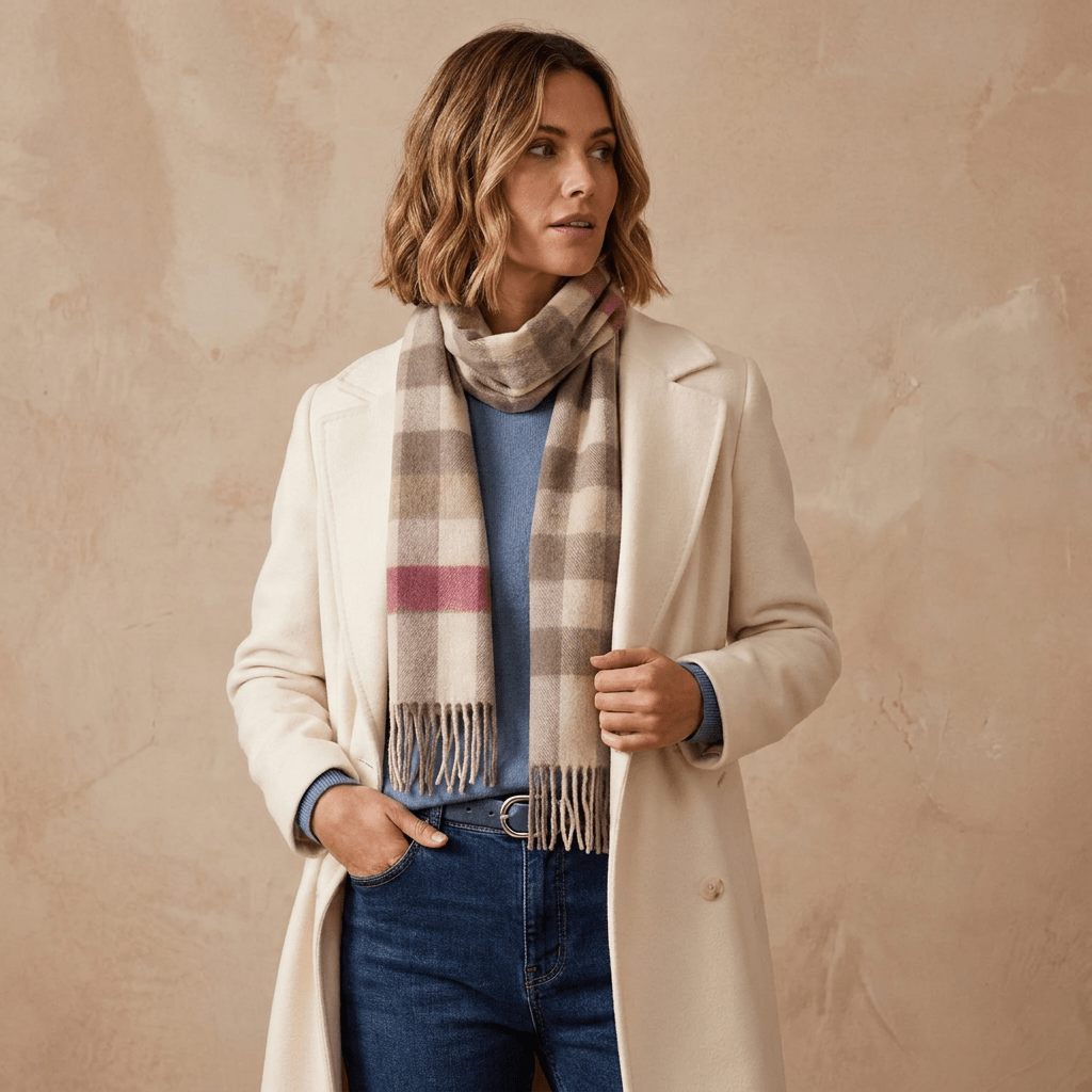 Edinburgh 100% Lambswool Scarf – Premium Soft Wool Wrap - Giant Chequer - Pink and Taupe - Heritage Of Scotland -