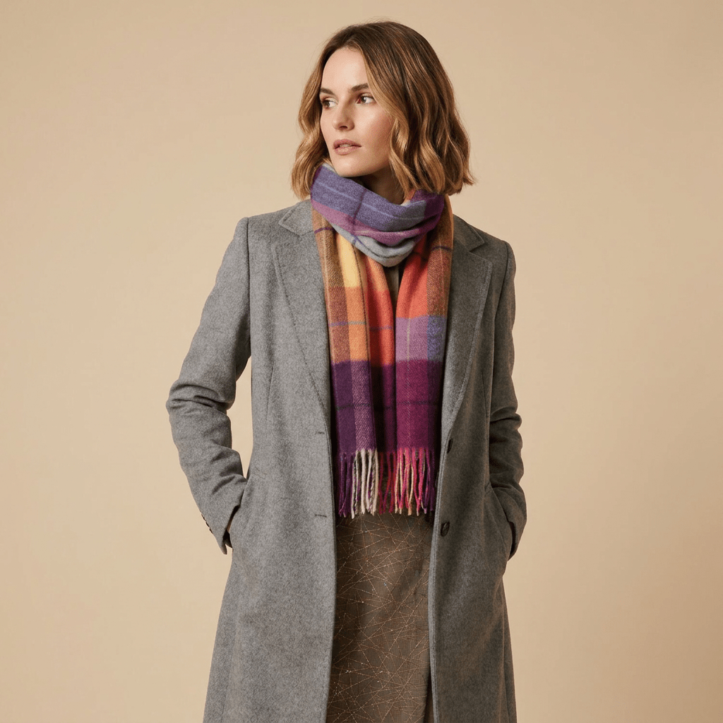 Edinburgh 100% Lambswool Scarf – Premium Soft Wool Wrap - Multi Windowpane - Ginger and Plum - Heritage Of Scotland -