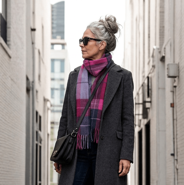 Edinburgh 100% Lambswool Scarf – Premium Soft Wool Wrap - Multi Windowpane - Navy andPink - Heritage Of Scotland -