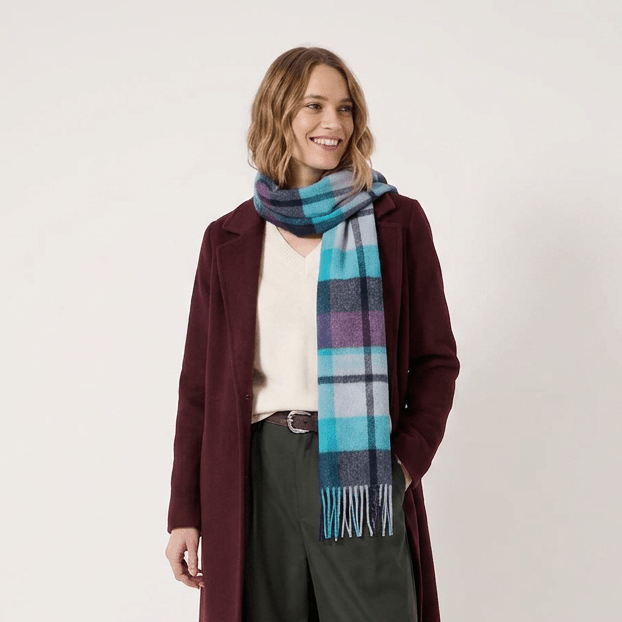 Edinburgh 100% Lambswool Scarf – Premium Soft Wool Wrap - Myriad Check - Aqua, Navy and Bordeaux - Heritage Of Scotland -