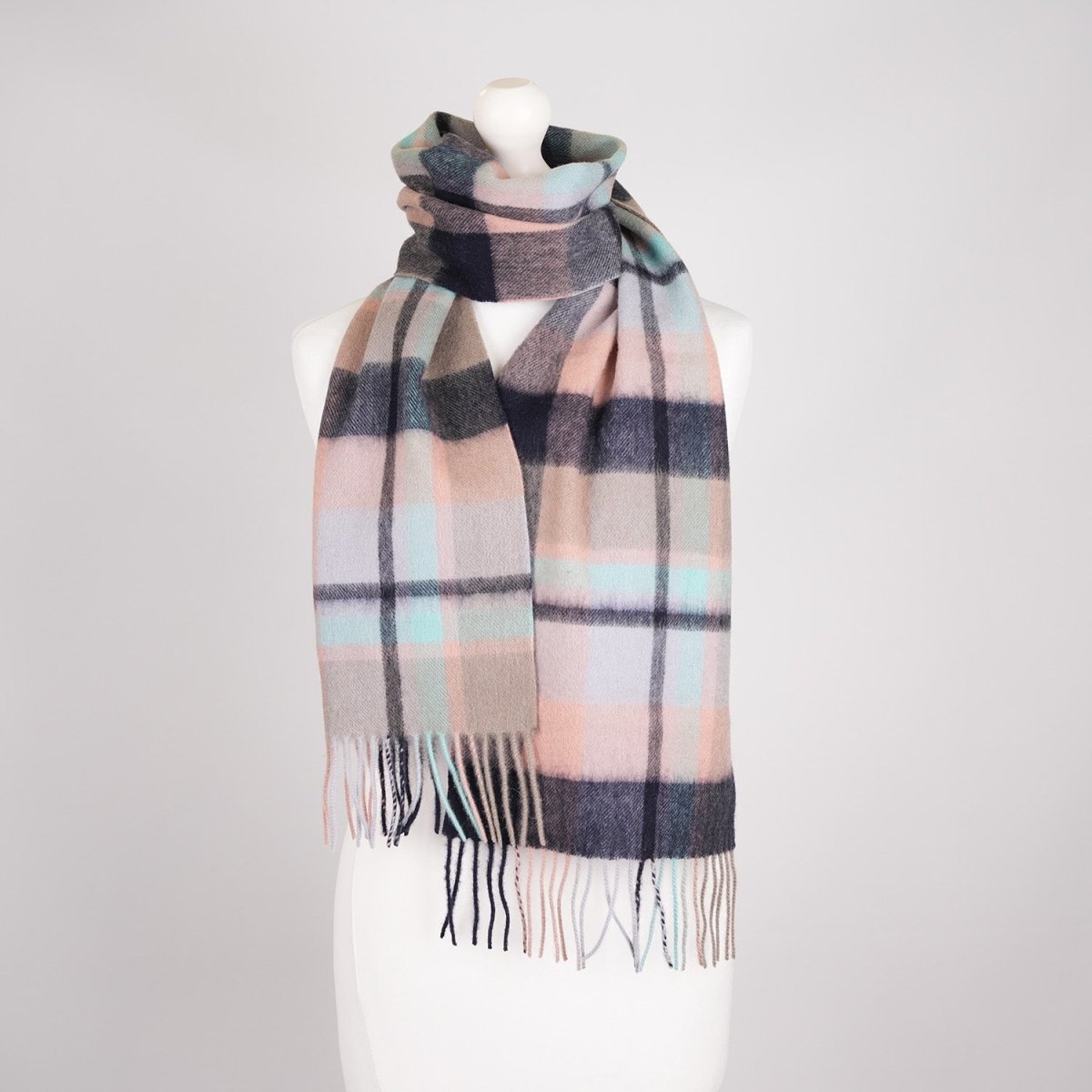 Edinburgh 100% Lambswool Scarf – Premium Soft Wool Wrap - Myriad Check - Navy, Greige and Light Blue - Heritage Of Scotland -