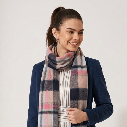 Edinburgh 100% Lambswool Scarf – Premium Soft Wool Wrap - Scarf Myriad Check - Navy,Peony and Aqua - Heritage Of Scotland -