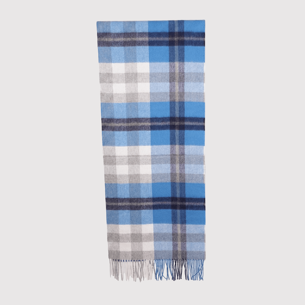 Edinburgh 100% Pure Cashmere Wide Scarf – Luxury Oversized Wrap - Scots Check – Kintyre Blue and Pewter - Heritage Of Scotland -