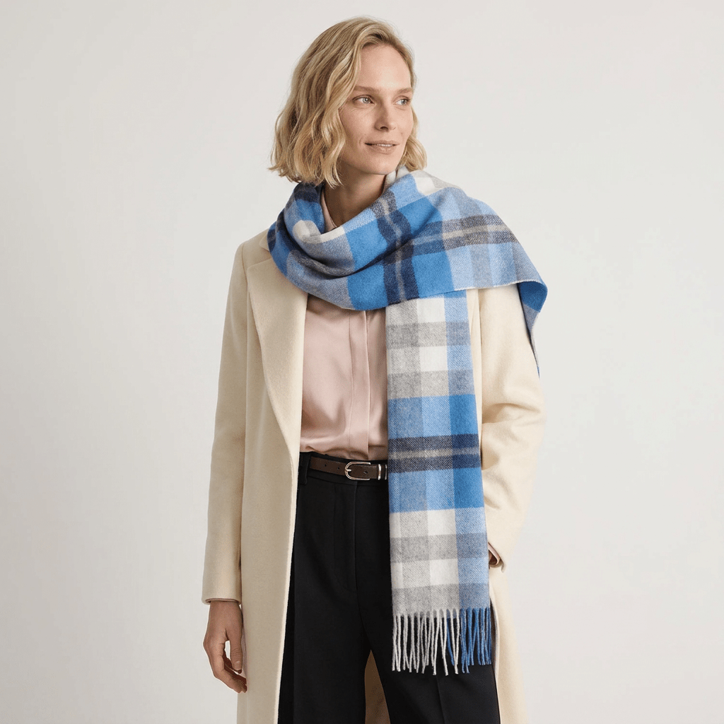 Edinburgh 100% Pure Cashmere Wide Scarf – Luxury Oversized Wrap - Scots Check – Kintyre Blue and Pewter - Heritage Of Scotland -