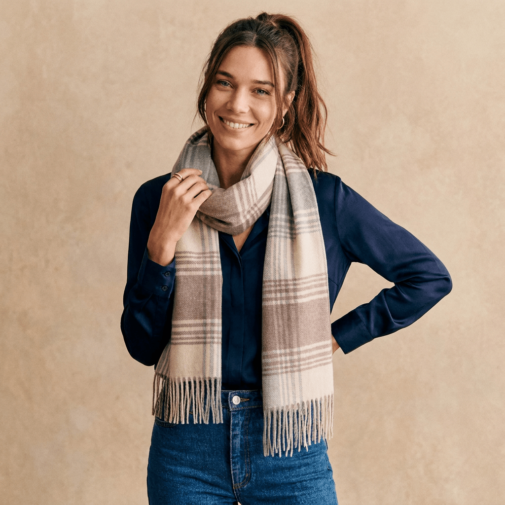 Edinburgh Cashmere Premium Lightweight Scarf - Ultra-Soft Luxury Wrap - Broken Check - Latte - Heritage Of Scotland -
