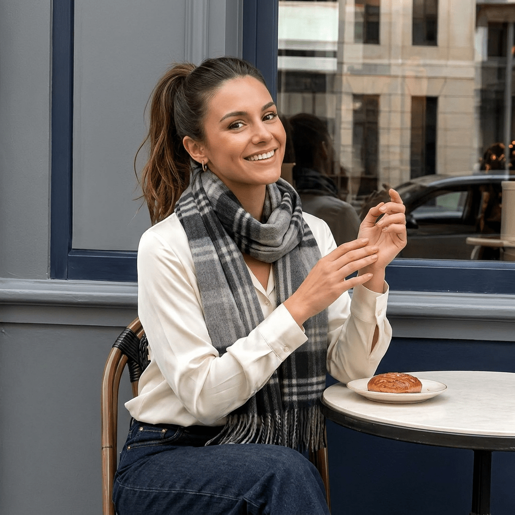 Edinburgh Cashmere Premium Lightweight Scarf - Ultra-Soft Luxury Wrap - Check - Black and Silver - Heritage Of Scotland -
