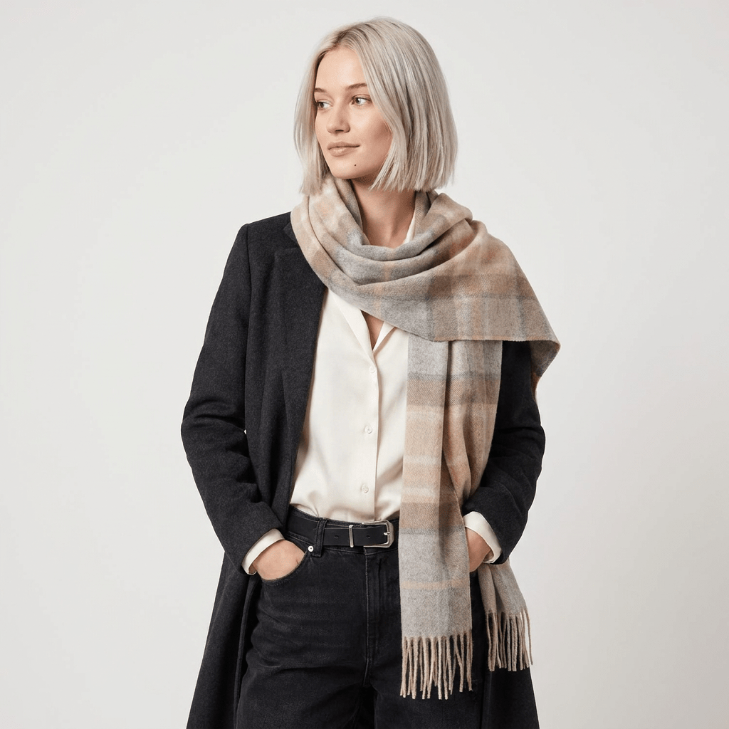 Edinburgh Cashmere Premium Lightweight Scarf - Ultra-Soft Wide Wrap - Mackellar Natural - Heritage Of Scotland -