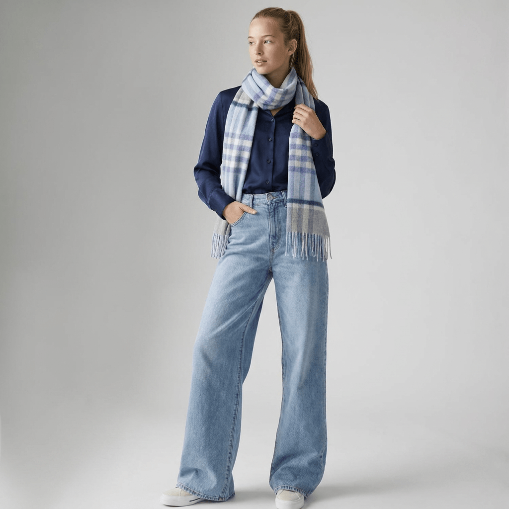 Edinburgh Cashmere Scarf Chequer Tartan - Glacier/Light Grey - Heritage Of Scotland -