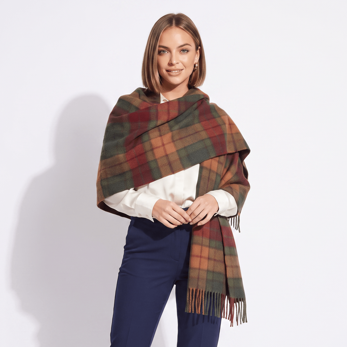 Edinburgh Lambswool Tartan Stole - Soft Luxury Check Wrap with Fringe - Buchanan Autumn - Heritage Of Scotland -