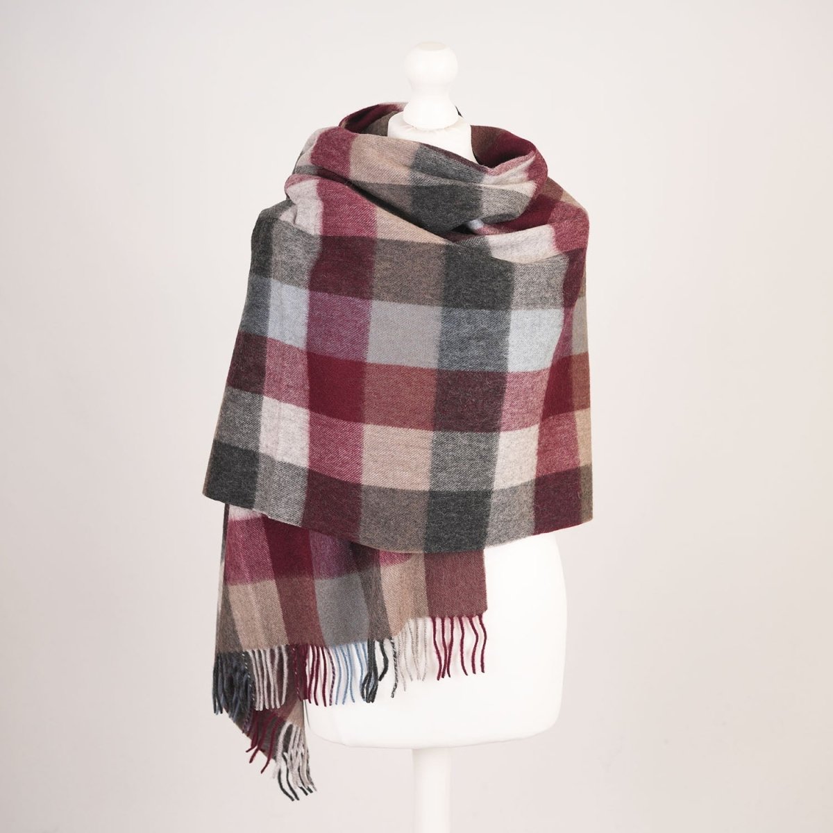 Edinburgh Lambswool Tartan Stole - Soft Luxury Check Wrap with Fringe - Checkers - Burgundy - Heritage Of Scotland -