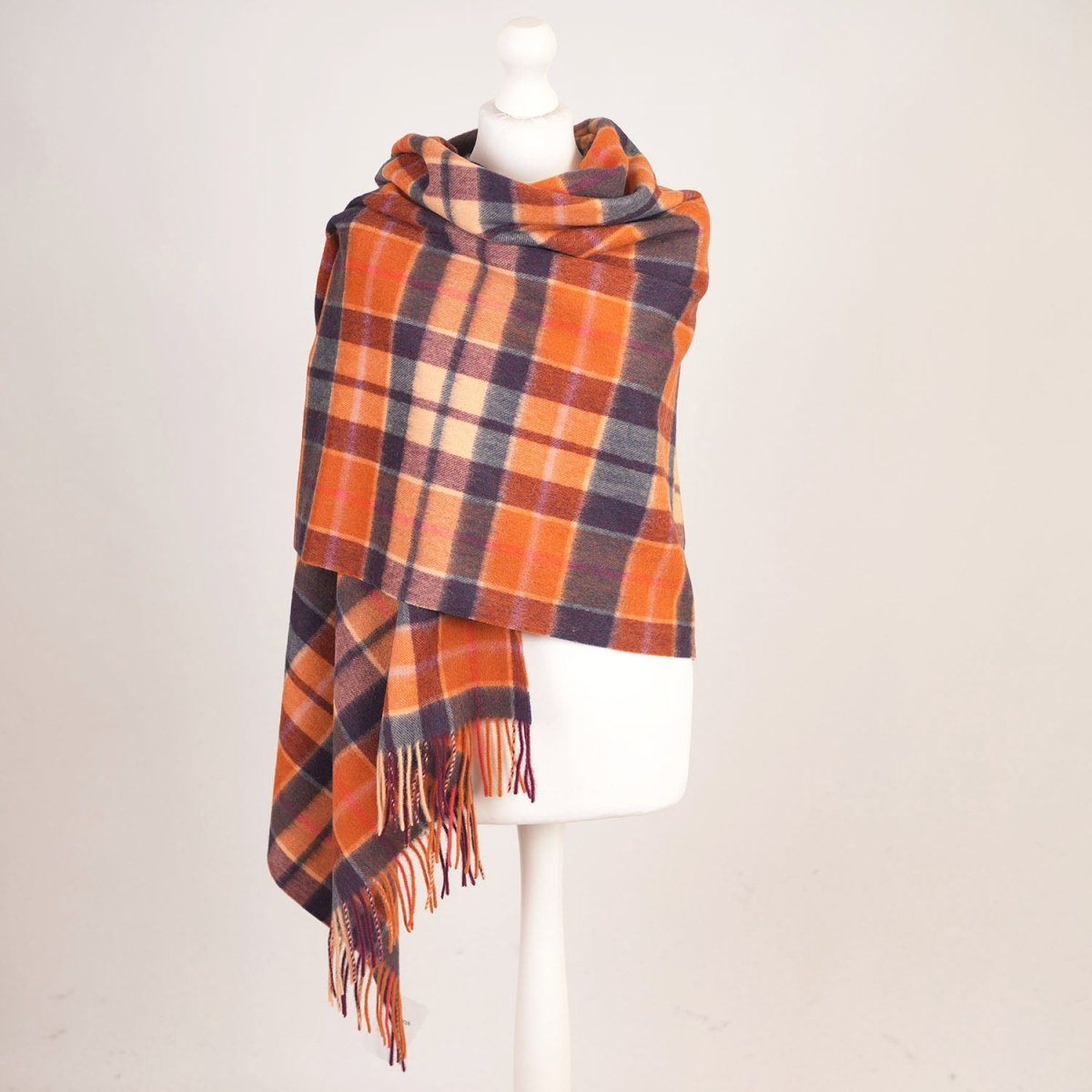 Edinburgh Lambswool Tartan Stole - Soft Luxury Check Wrap with Fringe - Cragg Check Ginger - Heritage Of Scotland -