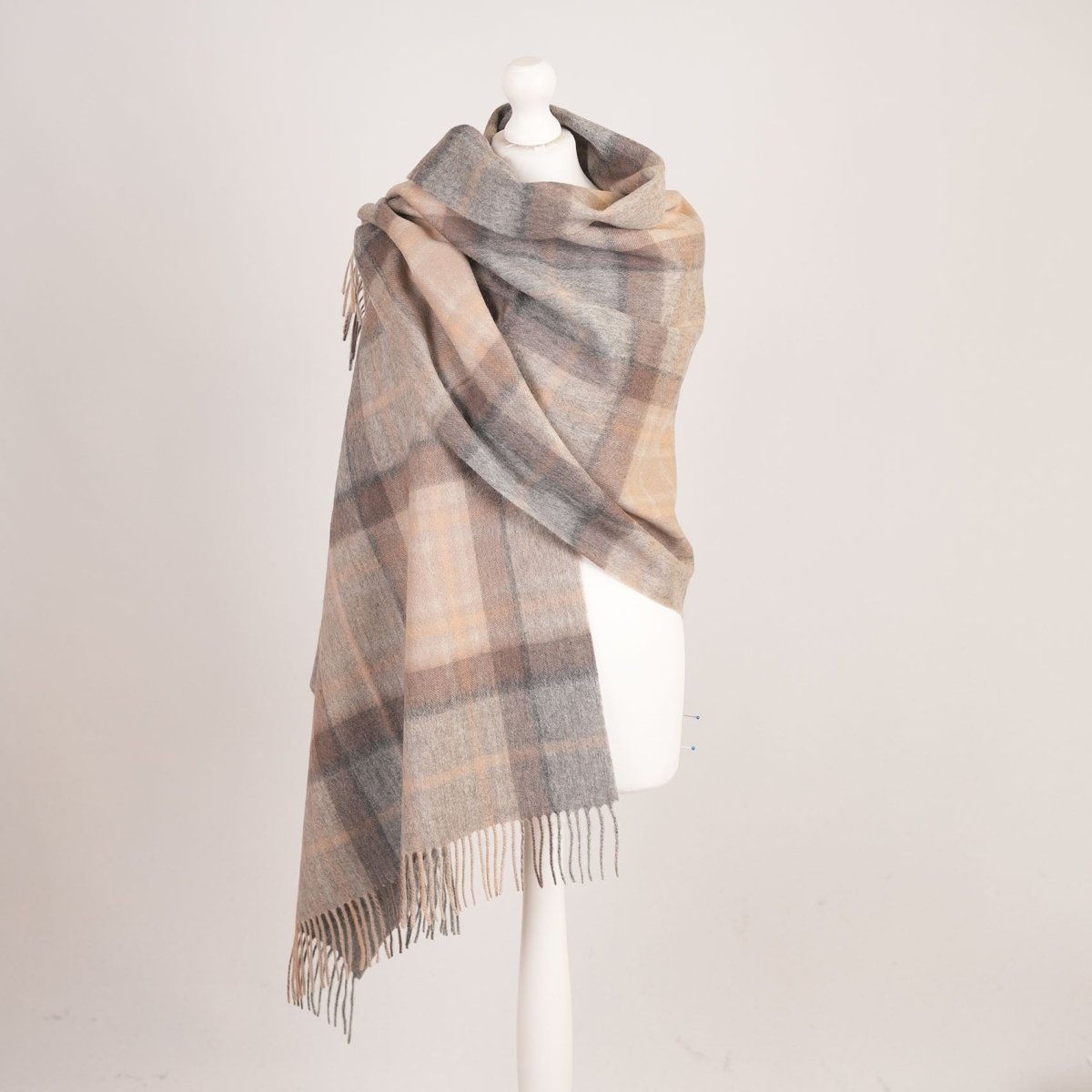Edinburgh Lambswool Tartan Stole - Soft Luxury Check Wrap with Fringe - Mackellar Natural - Heritage Of Scotland -
