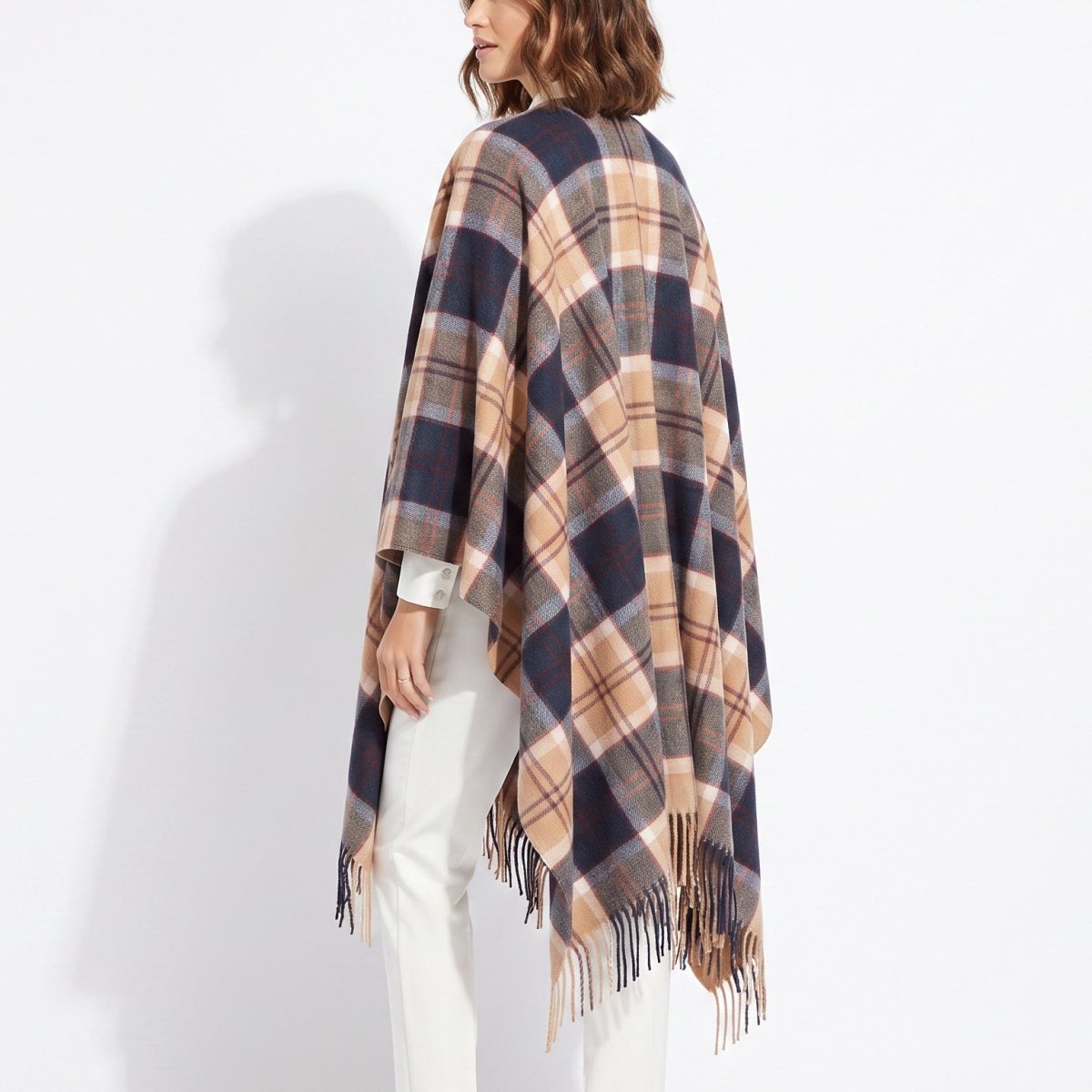 Edinburgh Long Lambswool Tartan Cape – Premium Plaid Wrap - Bannockbane Navy - Heritage Of Scotland -
