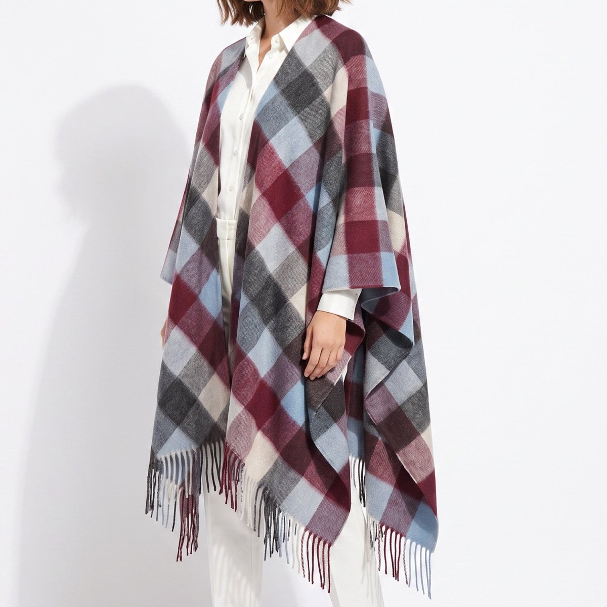 Edinburgh Long Lambswool Tartan Cape – Premium Plaid Wrap - Checkers Burgundy - Heritage Of Scotland -