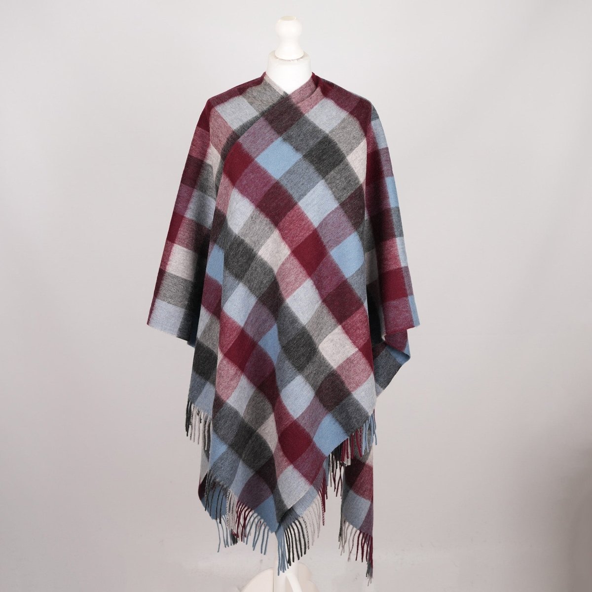 Edinburgh Long Lambswool Tartan Cape – Premium Plaid Wrap - Checkers Burgundy - Heritage Of Scotland -