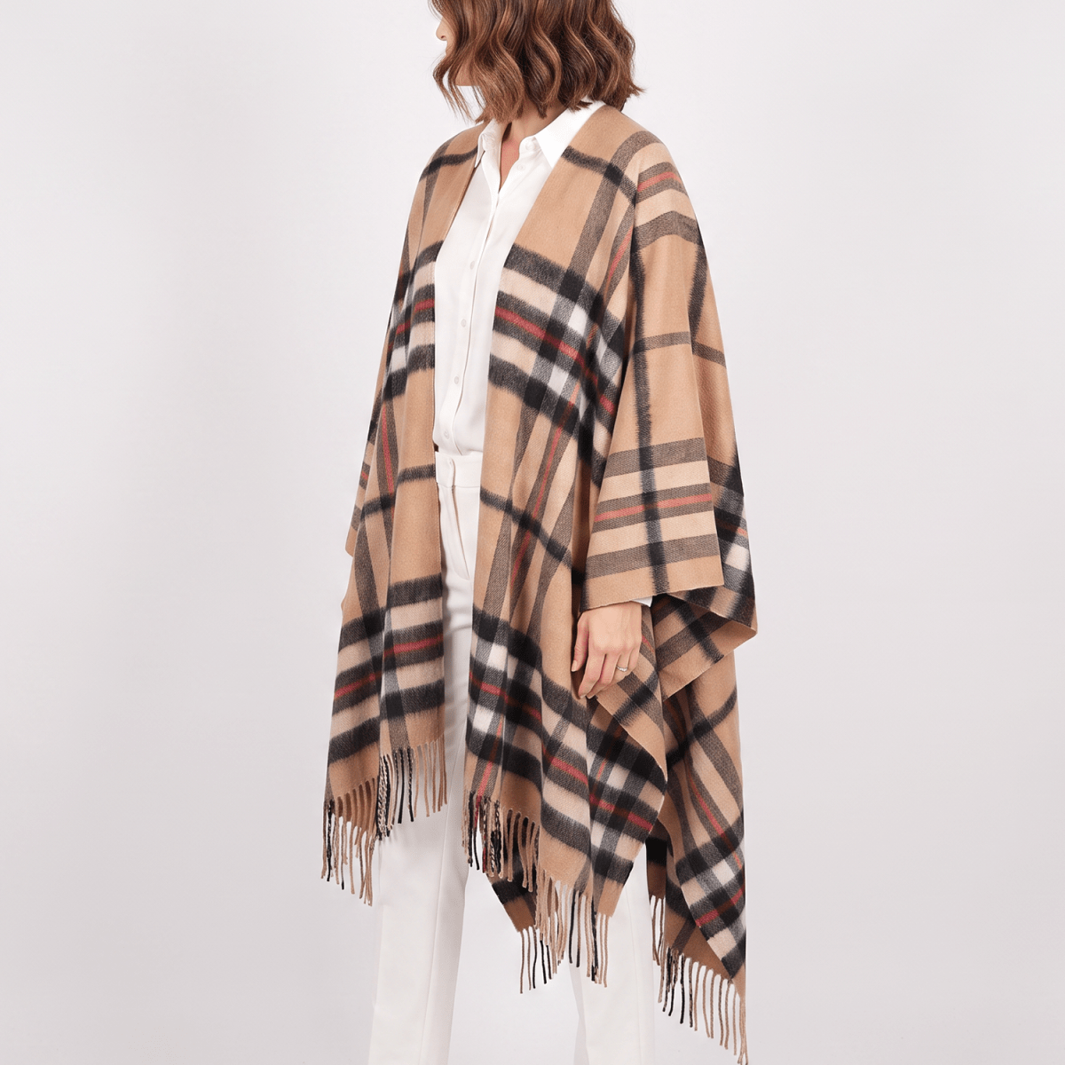 Edinburgh Long Lambswool Tartan Cape – Premium Plaid Wrap - Enlarged Off Centered Scotty Thomson Camel - Heritage Of Scotland -