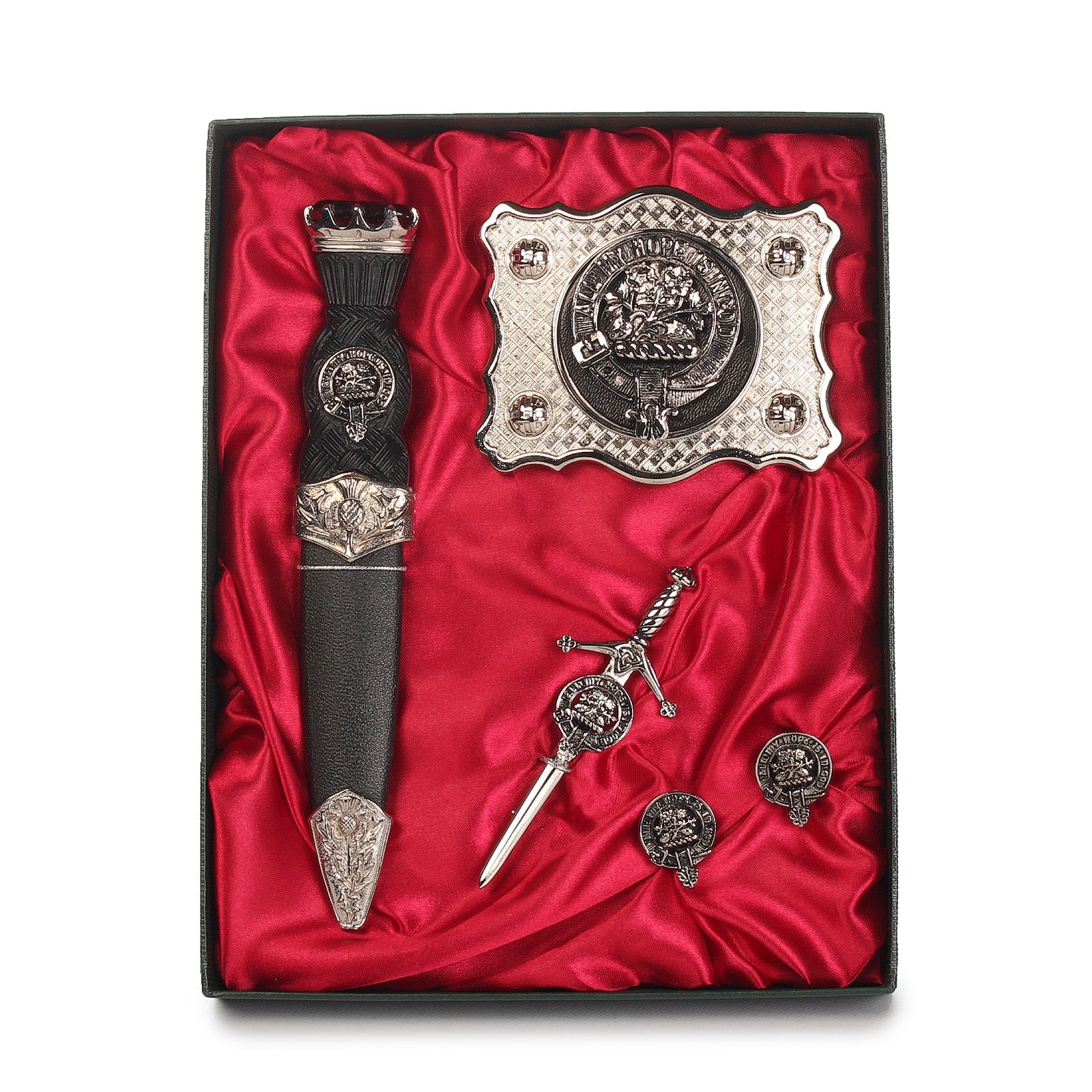 Gordon Clan Badge, Kilt Pin, Lapel Pin, Cufflinks, Keyring/Key Fob & Gift Set — Fine Pewter by Art Pewter — Made in Scotland (Shiny Finish) - Heritage Of Scotland - Gift Set