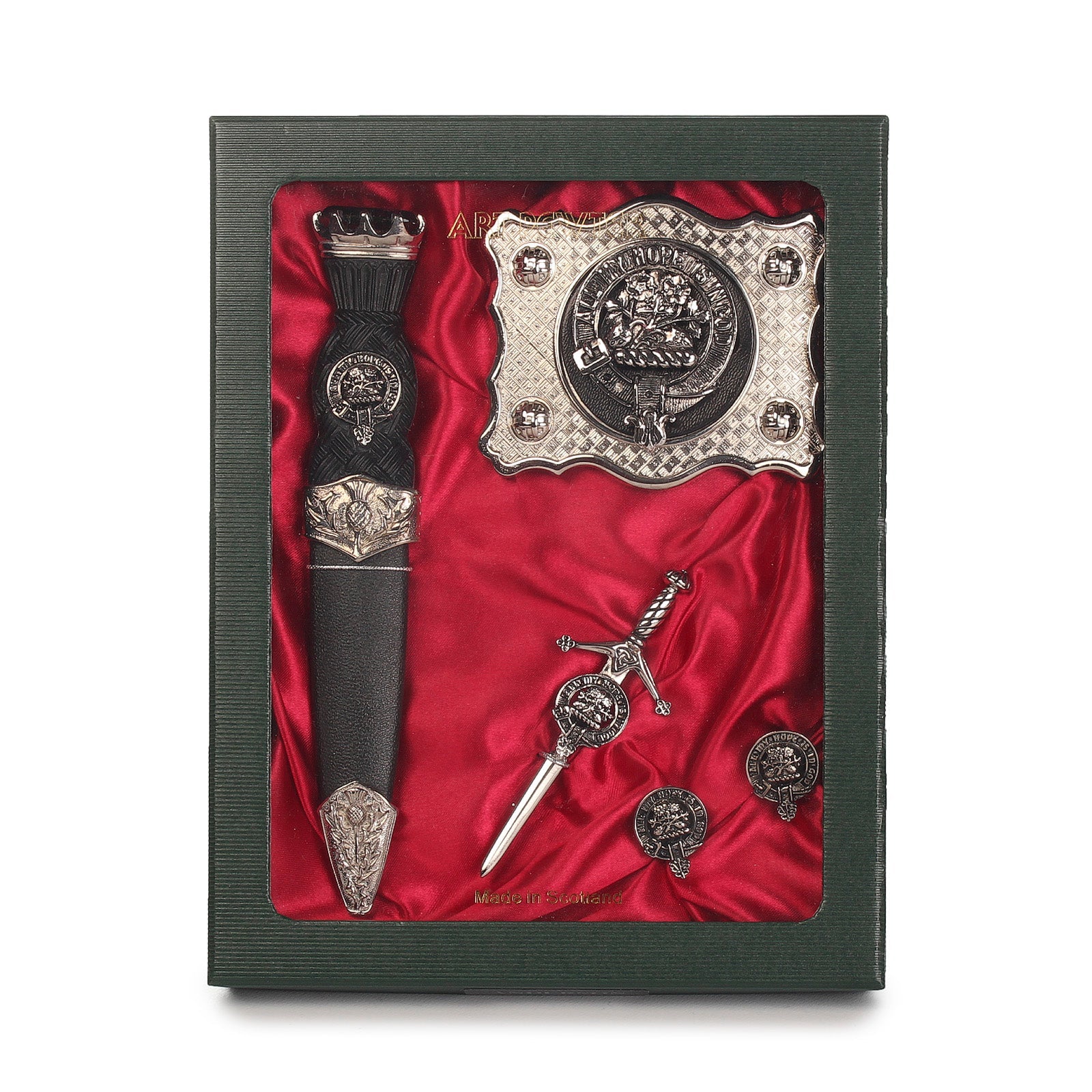 Gordon Clan Badge, Kilt Pin, Lapel Pin, Cufflinks, Keyring/Key Fob & Gift Set — Fine Pewter by Art Pewter — Made in Scotland (Shiny Finish) - Heritage Of Scotland - Gift Set