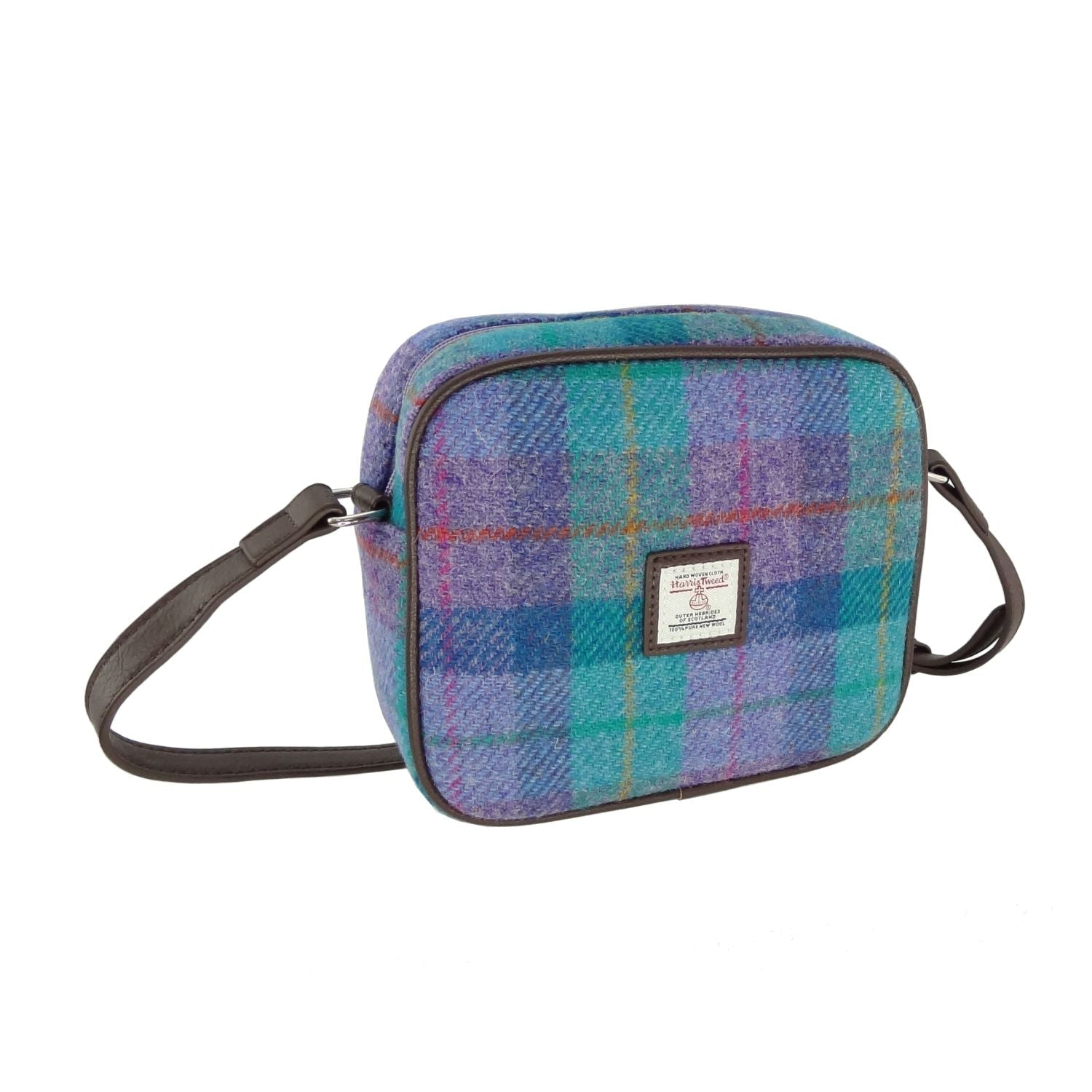 Harris Tweed Almond Mini Bag - Compact Scottish Crossbody Bag - Heritage Of Scotland - Green & Purple Tartan (COL079)