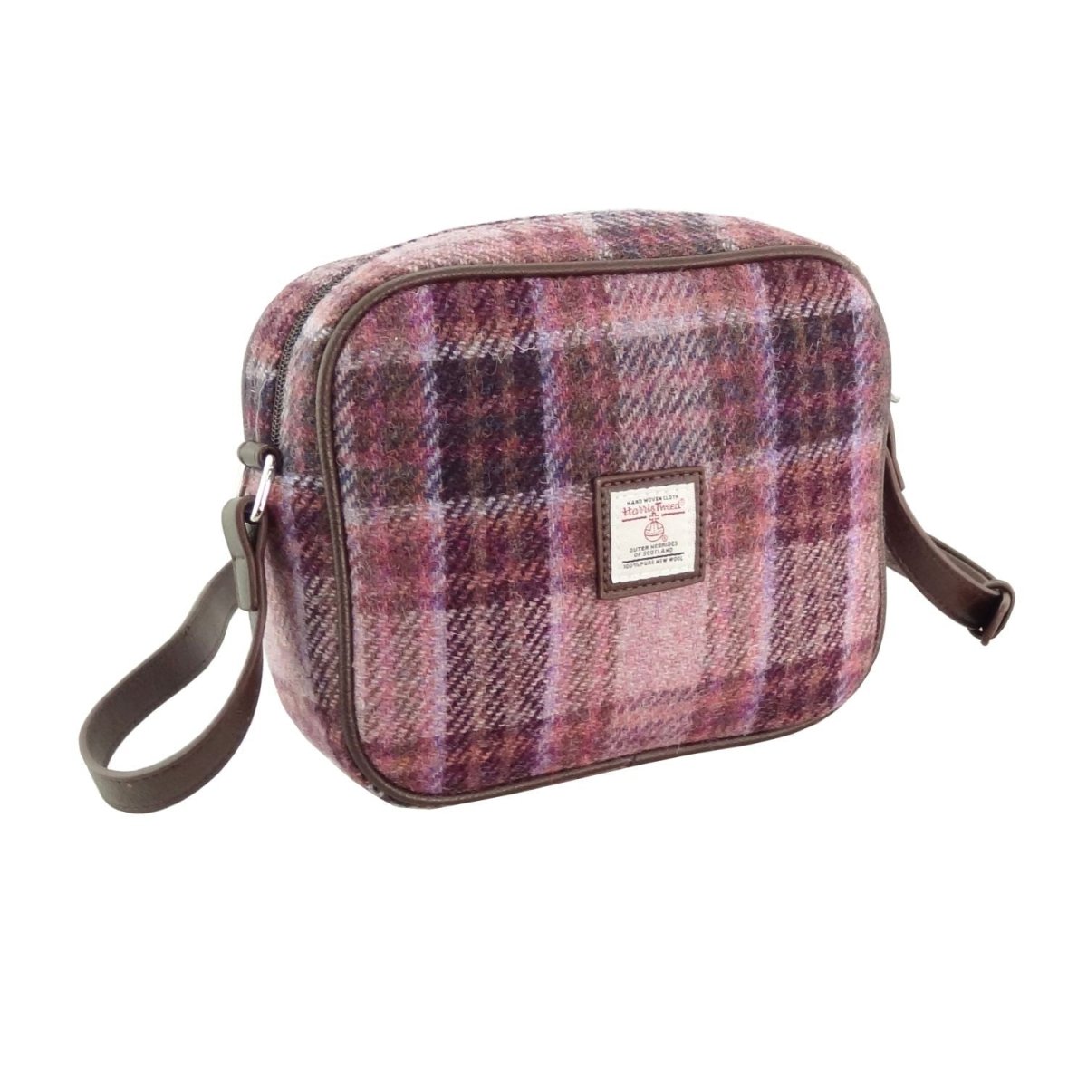 Harris Tweed Almond Mini Bag - Compact Scottish Crossbody Bag - Pink/Burgundy Check (COL154) - Heritage Of Scotland -