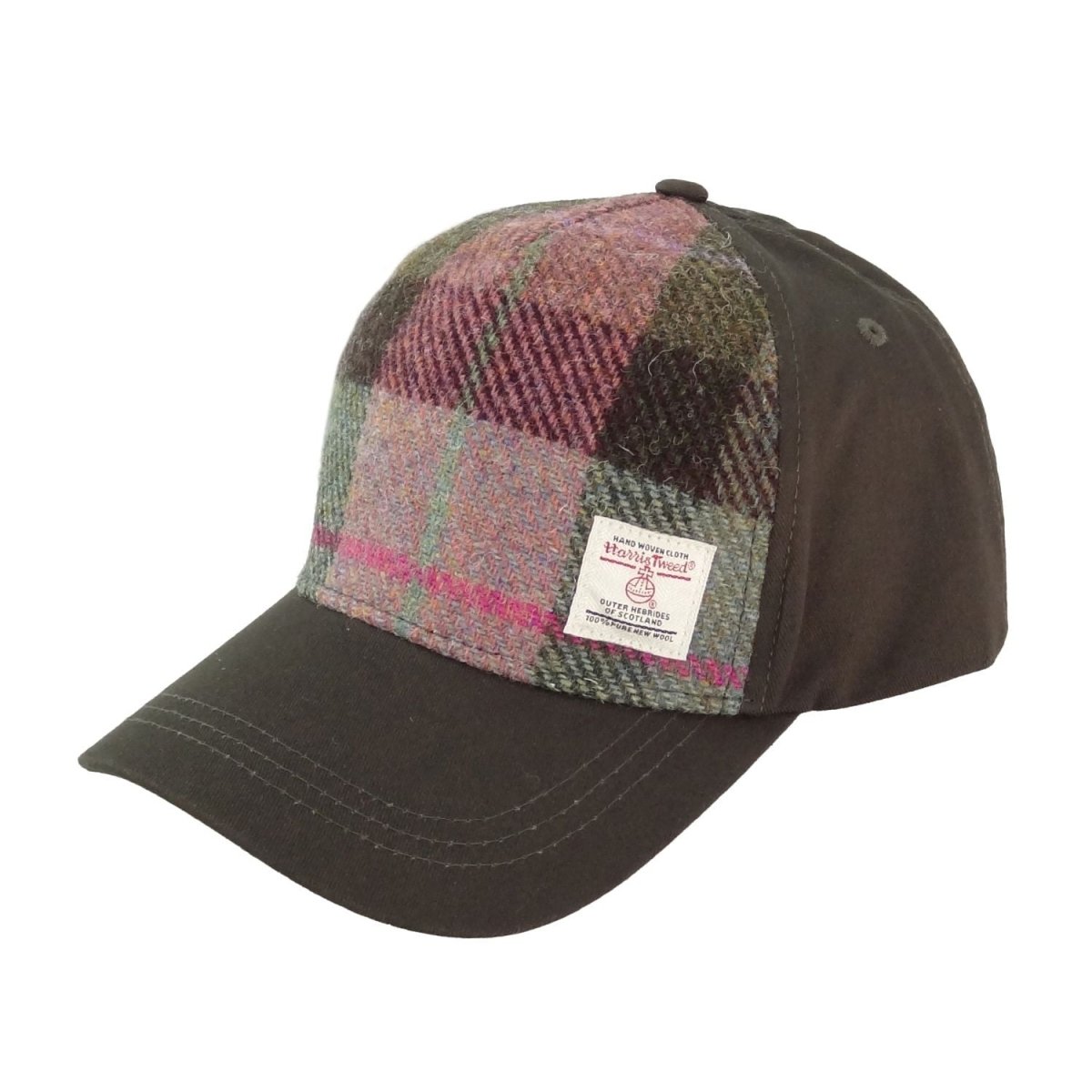 Harris Tweed and Cotton Baseball Cap - Adjustable Fit - Green & Rose Pink Tartan (COL137) - Heritage Of Scotland -