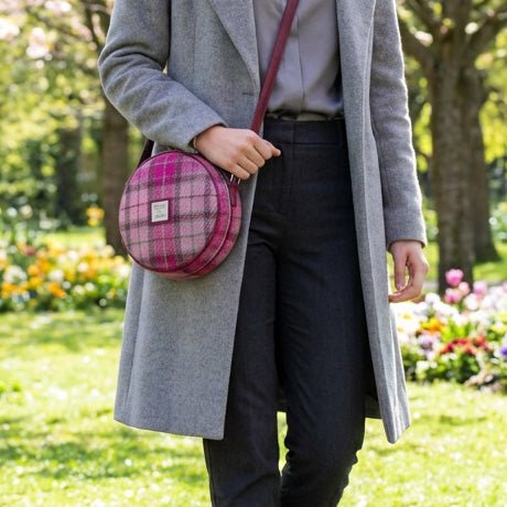 Harris Tweed Bannock Round Bag - Stylish Wool Round Shoulder Bag - Orange/Purple Tartan (COL142) - Heritage Of Scotland -