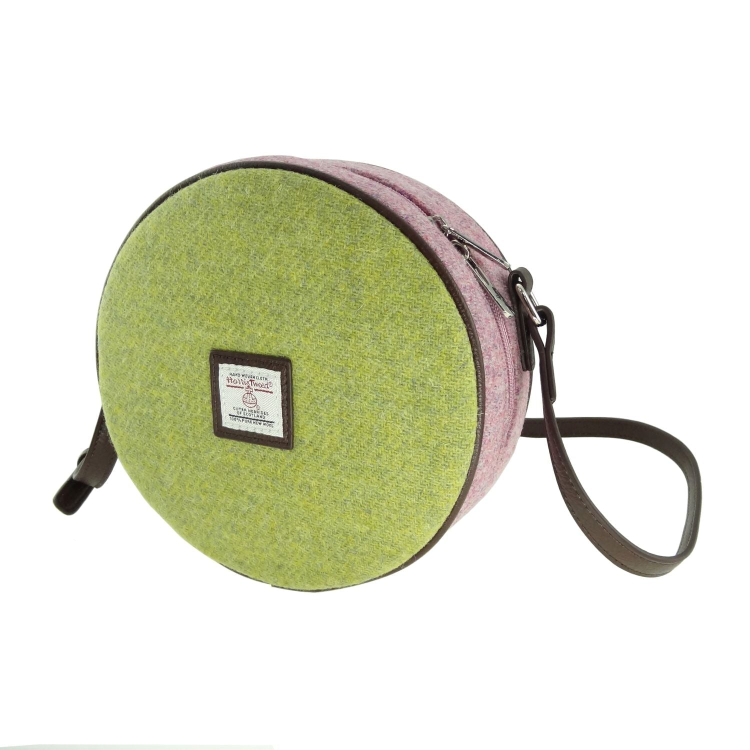 Harris Tweed Bannock Round Bag - Stylish Wool Round Shoulder Bag - Heritage Of Scotland - Plain Green with Pink contrast (COL110)