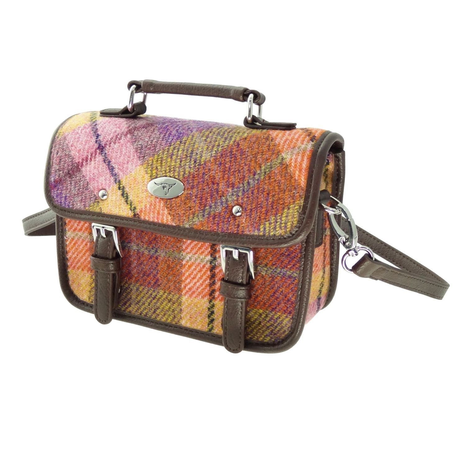 Harris Tweed Bervie Mini Satchel - Compact Tartan Satchel Bag - Heritage Of Scotland - Peach and Purple Tartan (COL124)
