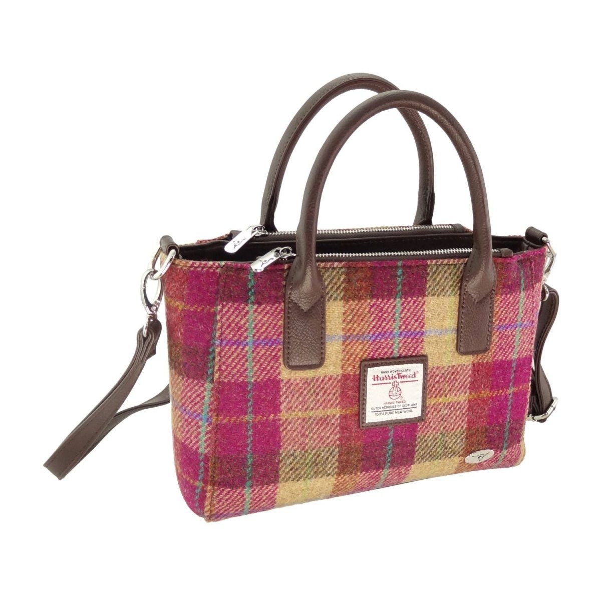 Harris Tweed Brora Small Tote - Compact Wool Tote Bag - Burgundy & Sand Tartan (COL159) - Heritage Of Scotland -
