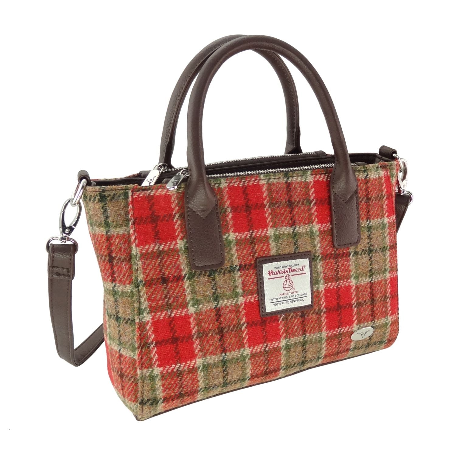 Harris Tweed Brora Small Tote - Compact Wool Tote Bag - Heritage Of Scotland - Red & Green Tartan (COL141)