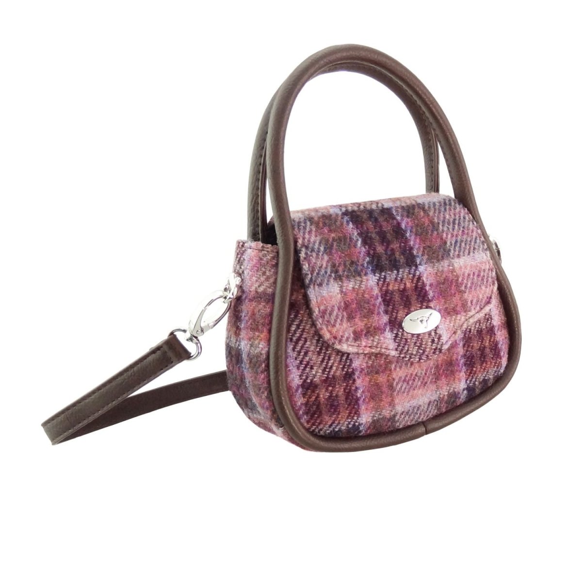 Harris Tweed Buchan Round Mini Handbag - Small Wool Handbag Made in UK - Pink/Burgundy Check (COL154) - Heritage Of Scotland -
