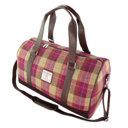 Harris Tweed Clyde Weekend Bag – Spacious Wool Travel Holdall - Burgundy & Sand Tartan (COL159) - Heritage Of Scotland -