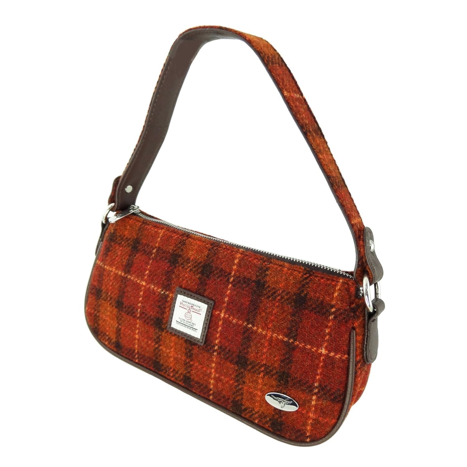 Harris Tweed Duchray Baguette Bag - Classic Tartan Shoulder Bag - Heritage Of Scotland - Rust with Orange Overcheck (COL117)
