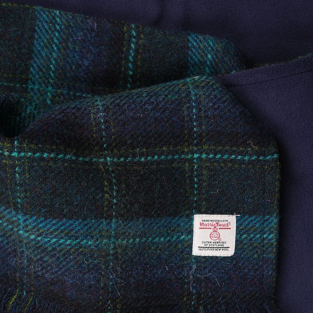 Harris Tweed Fringed Scarf with Fleece Back - Blue with Turquoise Overcheck - Heritage Of Scotland -